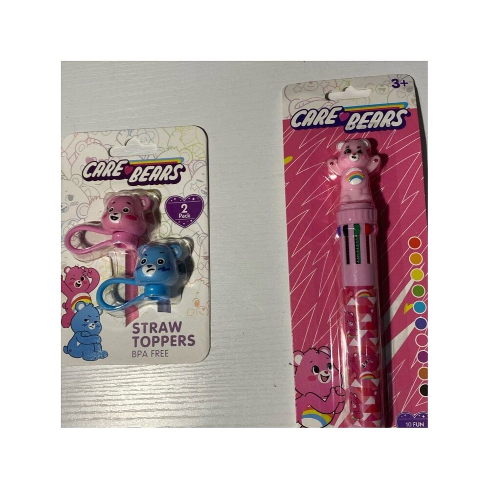Care Bears Straw Toppers 2 Pack Pink Blue & 10 Color Rainbow Pen Lot Set NIP